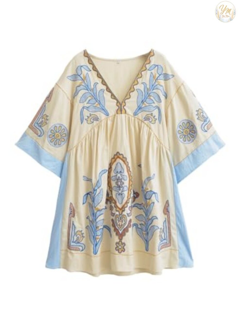 Embroidered Babydoll Dress V-Neck 3/4 Sleeve A-Line Mini Bohemian Casual Flowy